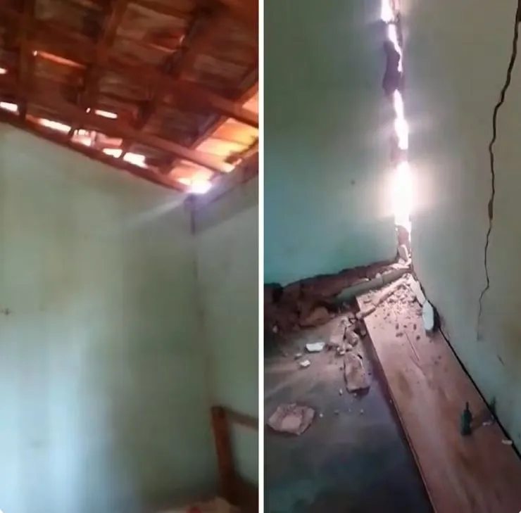 Vídeo gravado por idosa mostra telhas quebradas e rachaduras em paredes — Foto: Reprodução/Arquivo pessoal/Gessy Gomes
